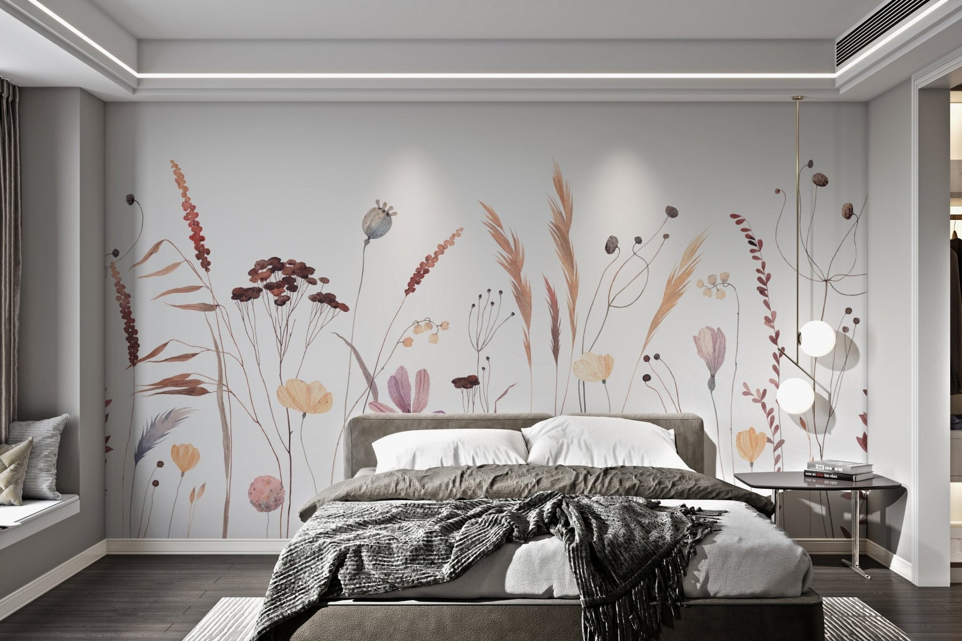 Whimsical floral art mural with hand-painted wildflowers for bedroom walls.