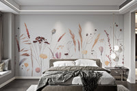 Whimsical floral art mural with hand-painted wildflowers for bedroom walls.