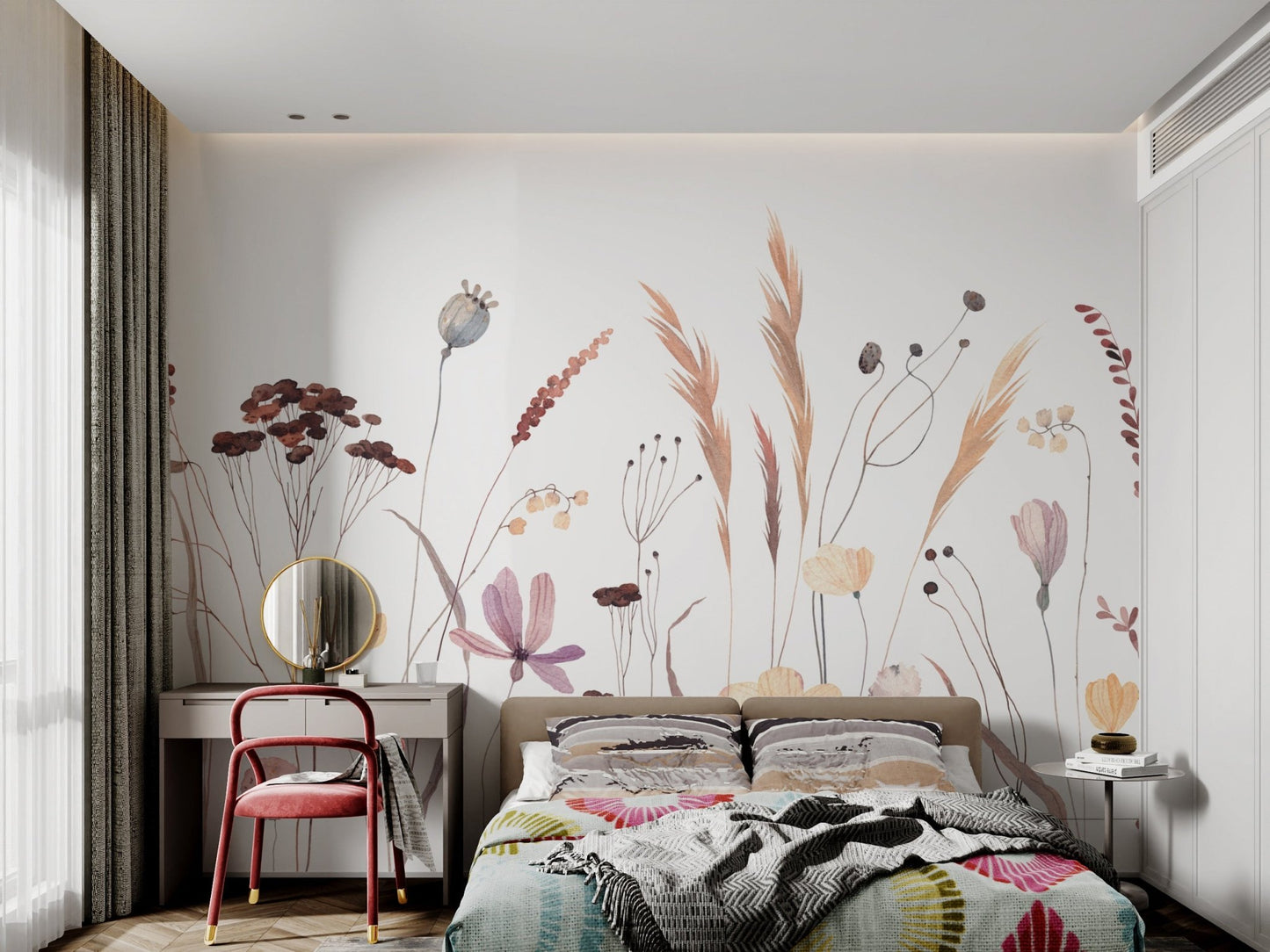 Watercolor wildflower mural for a charming bedroom wall decor.