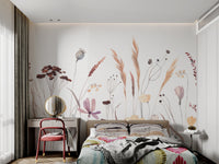 Watercolor wildflower mural for a charming bedroom wall decor.