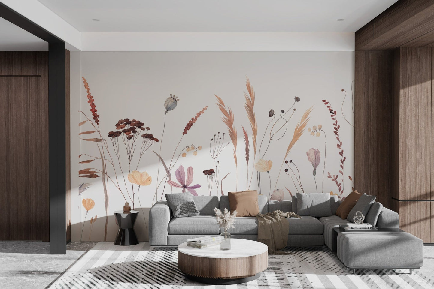 Soft watercolor wildflower mural for serene living room interiors.