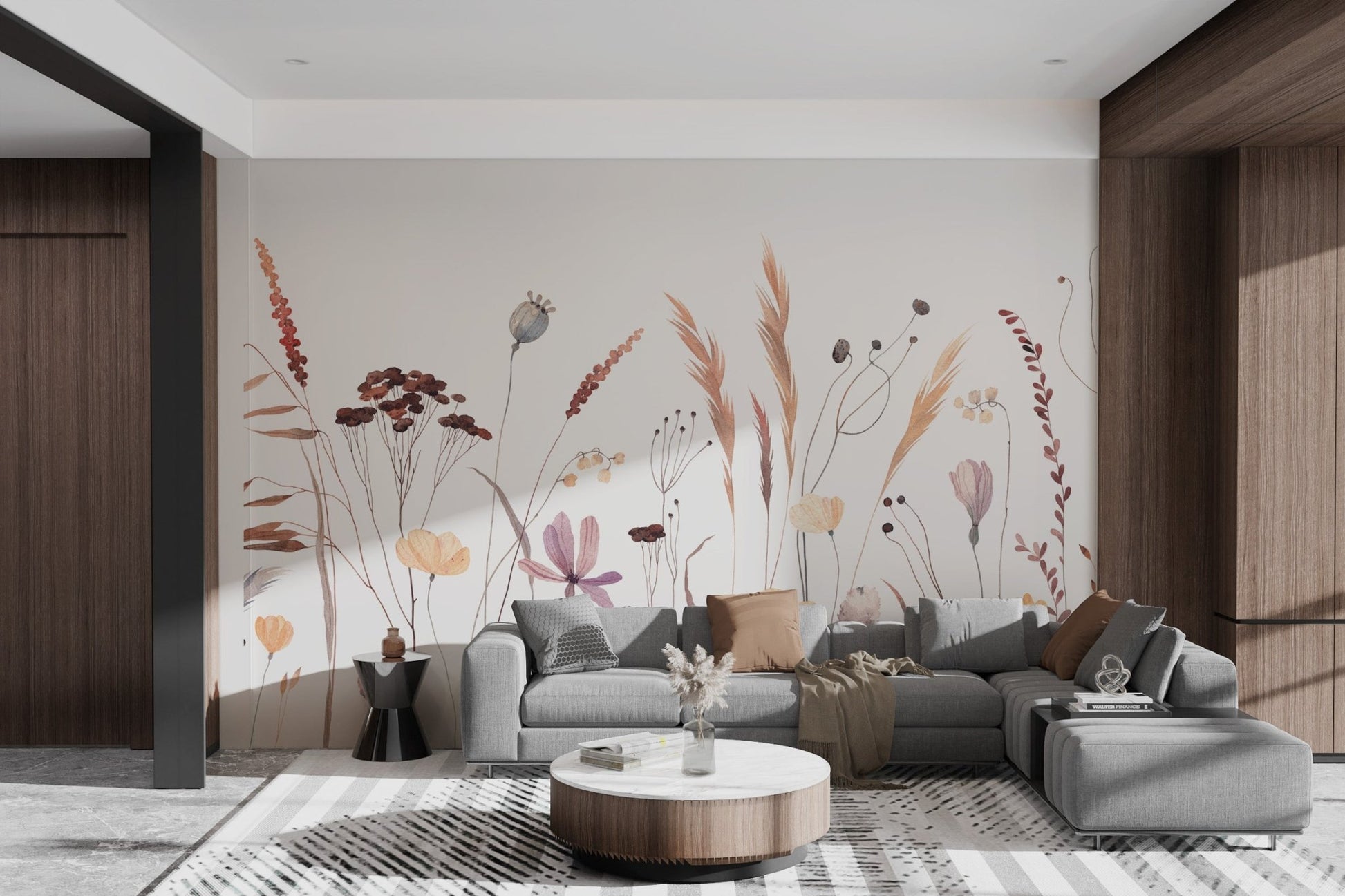 Soft watercolor wildflower mural for serene living room interiors.