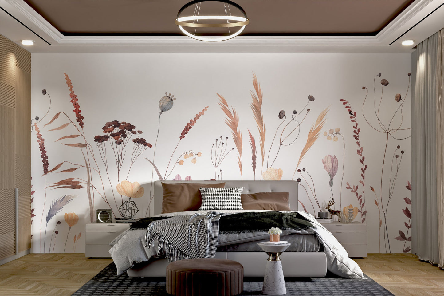 Artistic wildflower mural featuring a watercolor style for bedroom interior.