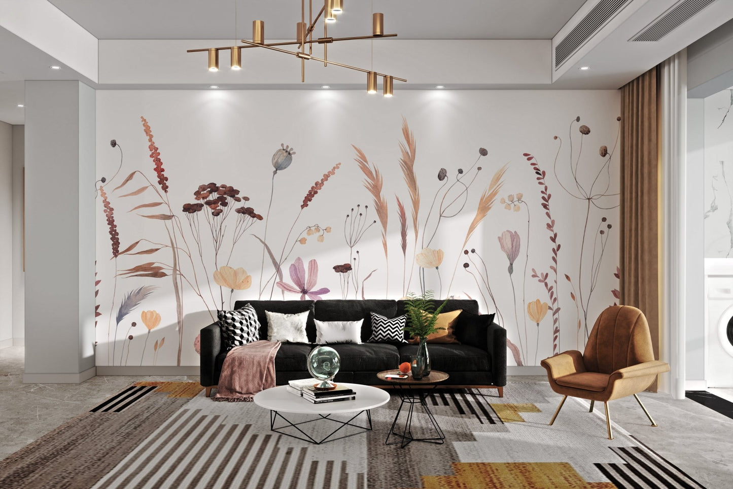 Gentle watercolor mural showcasing wildflower beauty for living area.