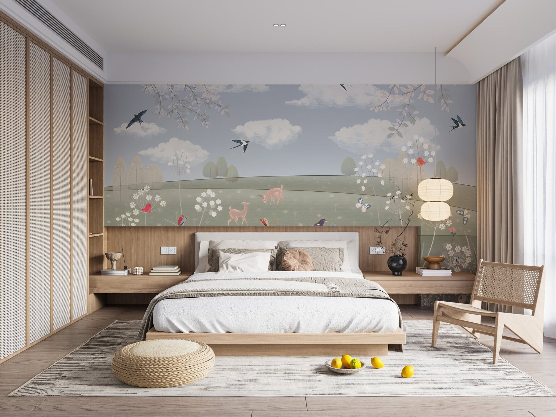 Illustrated countryside meadow wall mural with rabbits, flowers and flying birds for bedroom interior.
