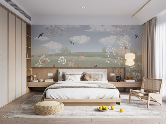 Illustrated countryside meadow wall mural with rabbits, flowers and flying birds for bedroom interior.