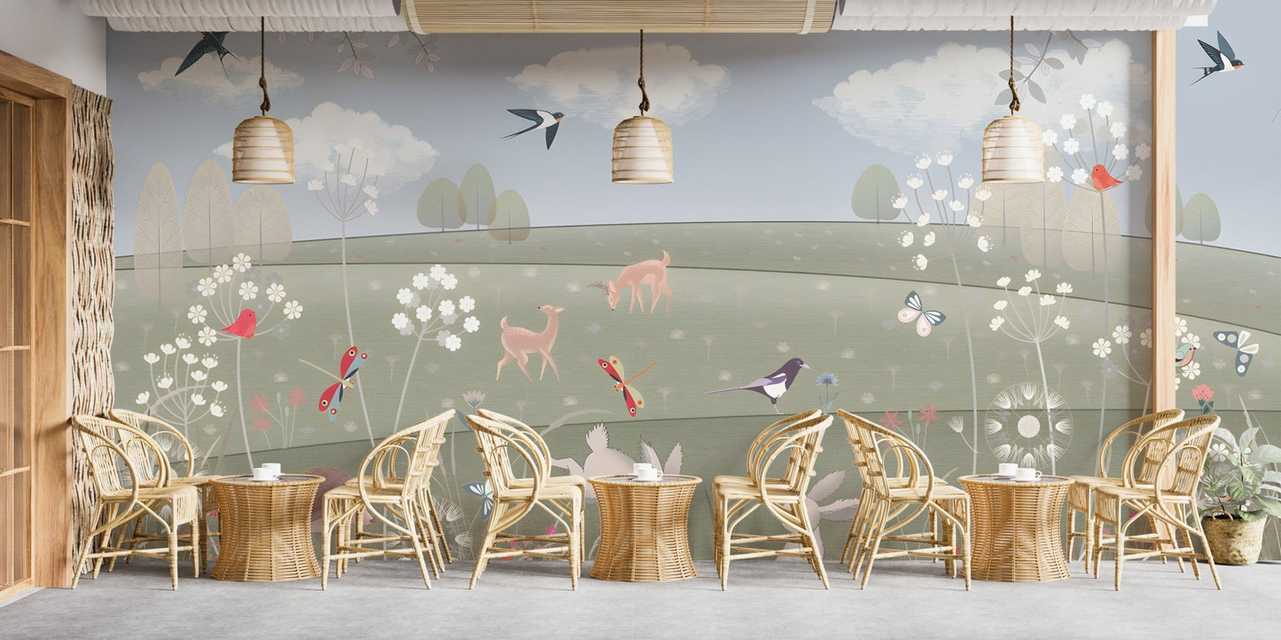 Storybook nature mural for lounge with birds, clouds and illustrated meadow plants.