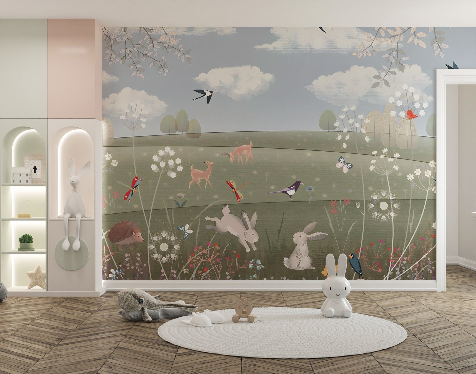 Soft pastel meadow wall mural with butterflies and woodland animals for kids room.