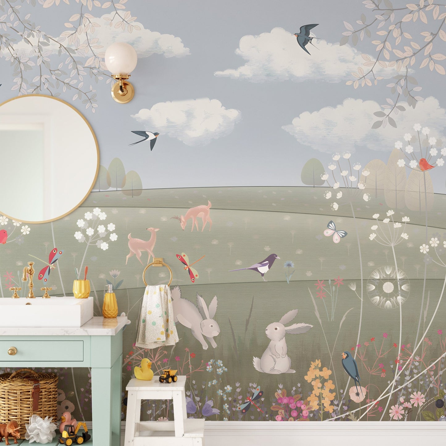 Decorative meadow landscape wall mural with birds and wildflowers.