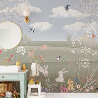 Decorative meadow landscape wall mural with birds and wildflowers.