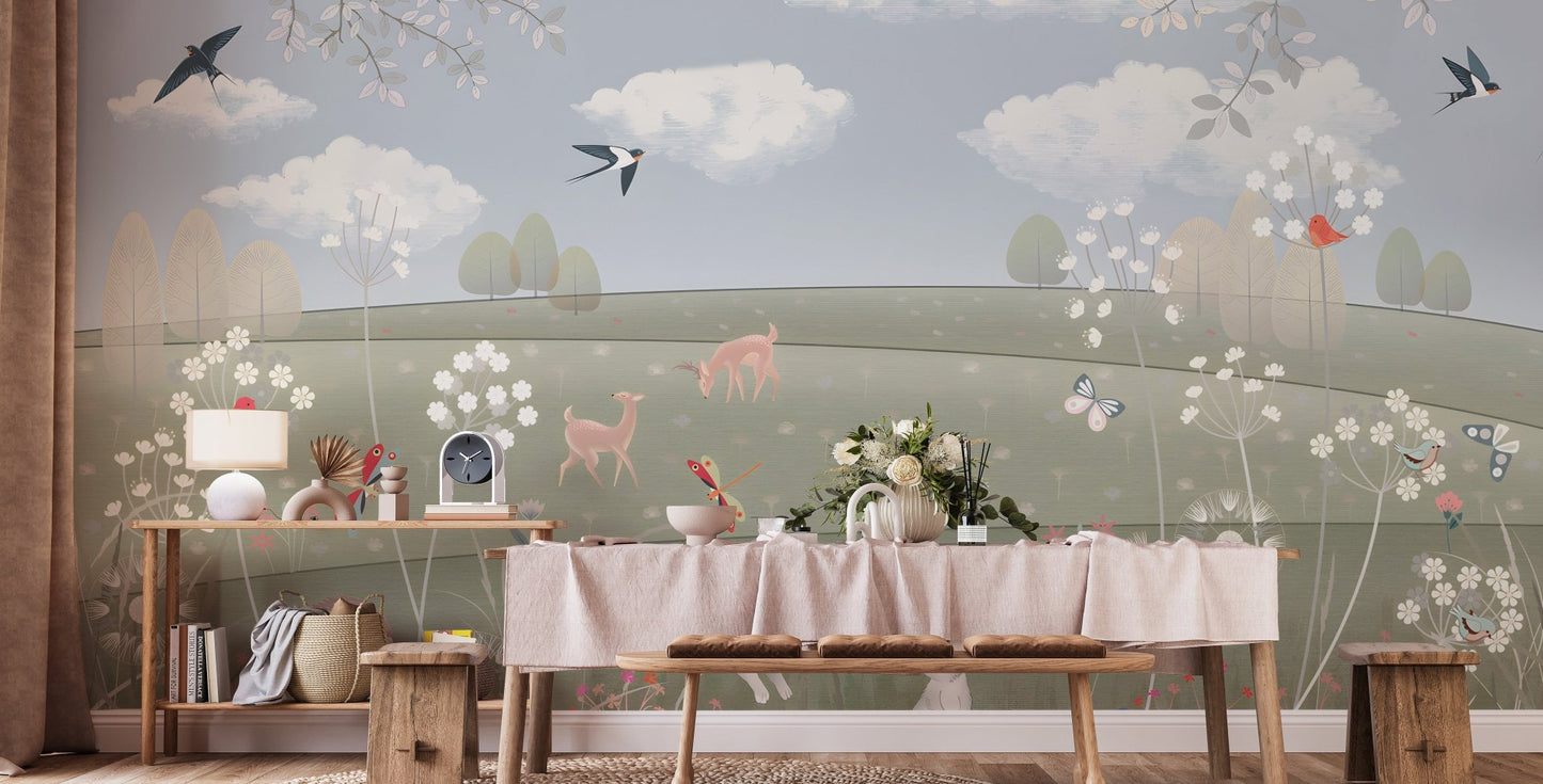 Pastel meadow mural with deer, butterflies and soft nature illustration on dining room wall.