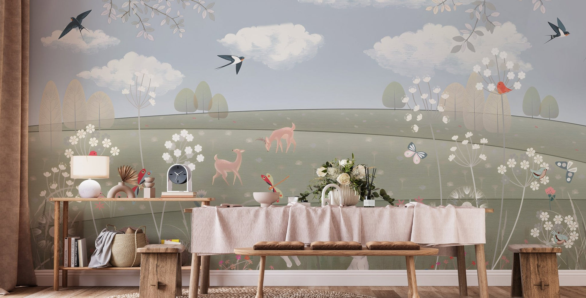 Pastel meadow mural with deer, butterflies and soft nature illustration on dining room wall.