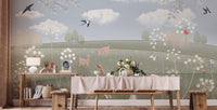 Pastel meadow mural with deer, butterflies and soft nature illustration on dining room wall.
