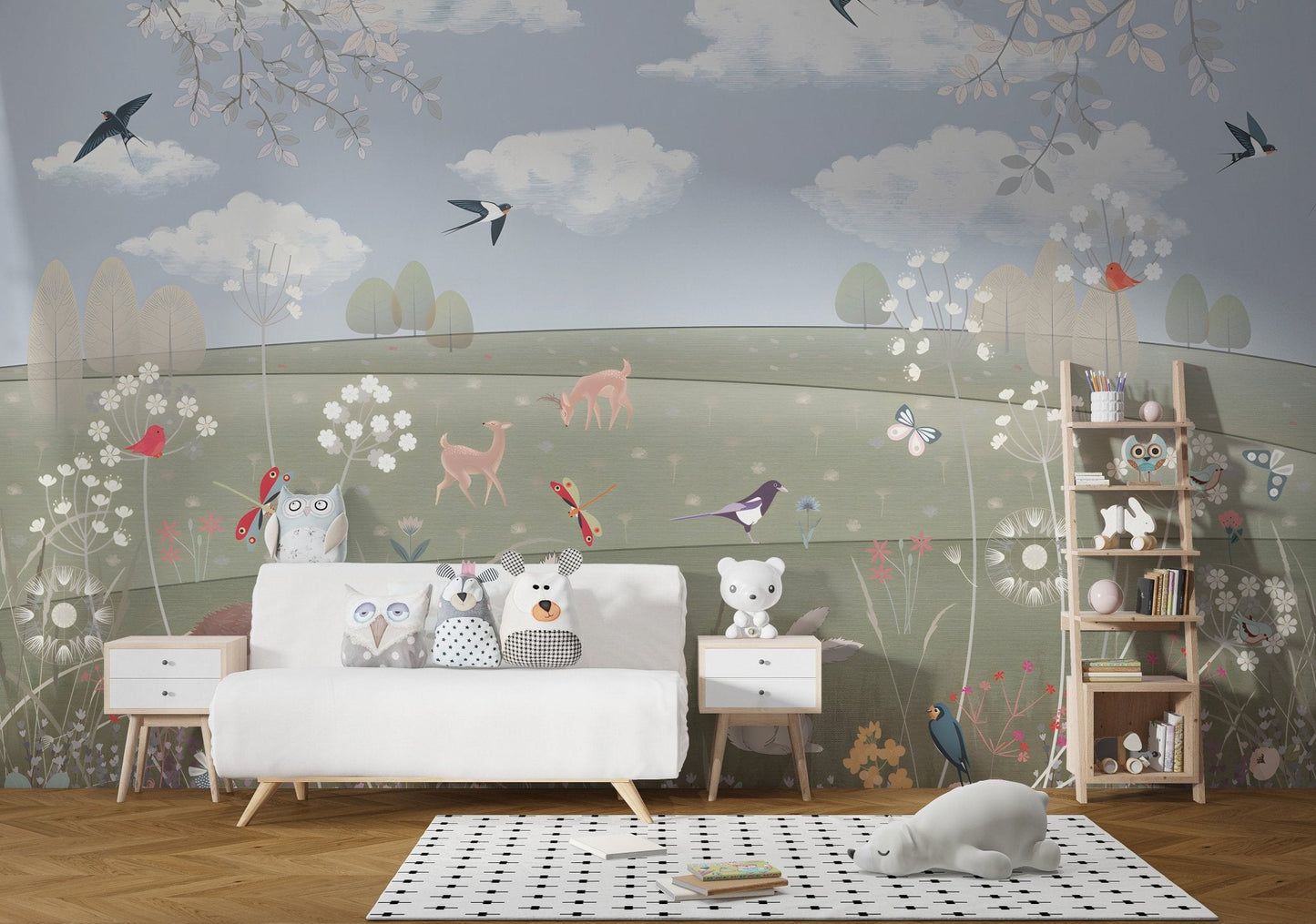 Storybook meadow wallpaper with rabbits, birds and wildflowers landscape for kids room.