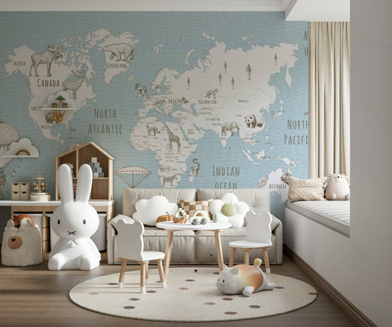 Playful map wallpaper murals with pandas and elephants.
