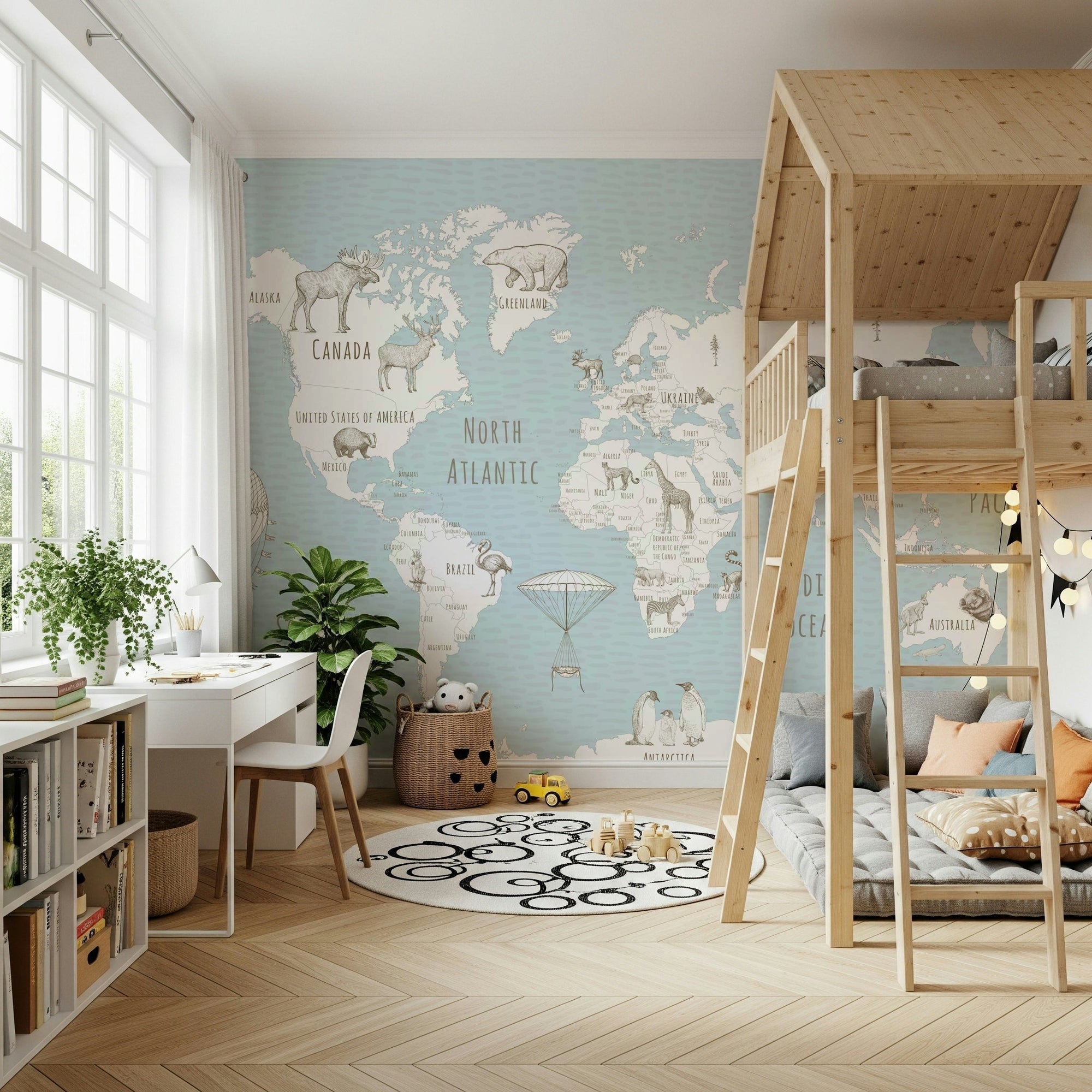Educational world map wall mural with animals.