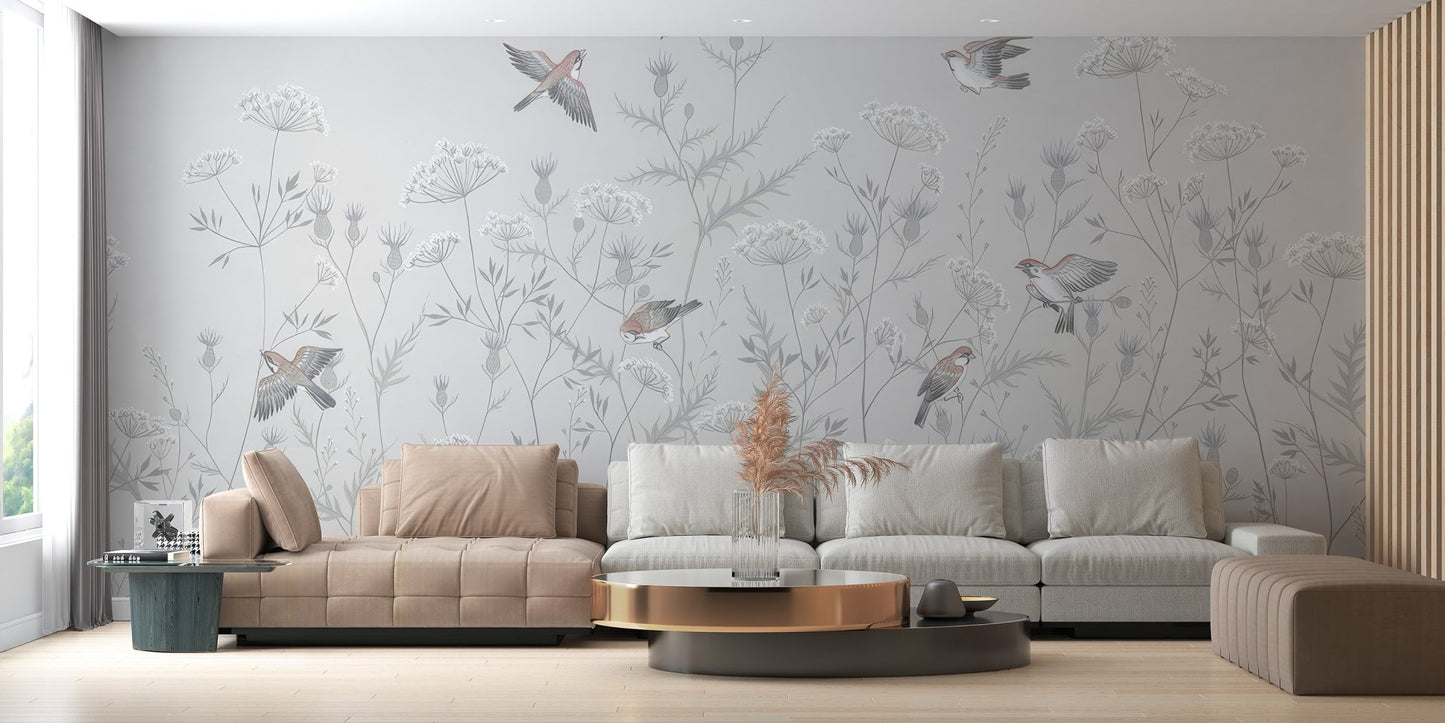 Whispering Birds Floral Wallpaper Mural - Wallanza