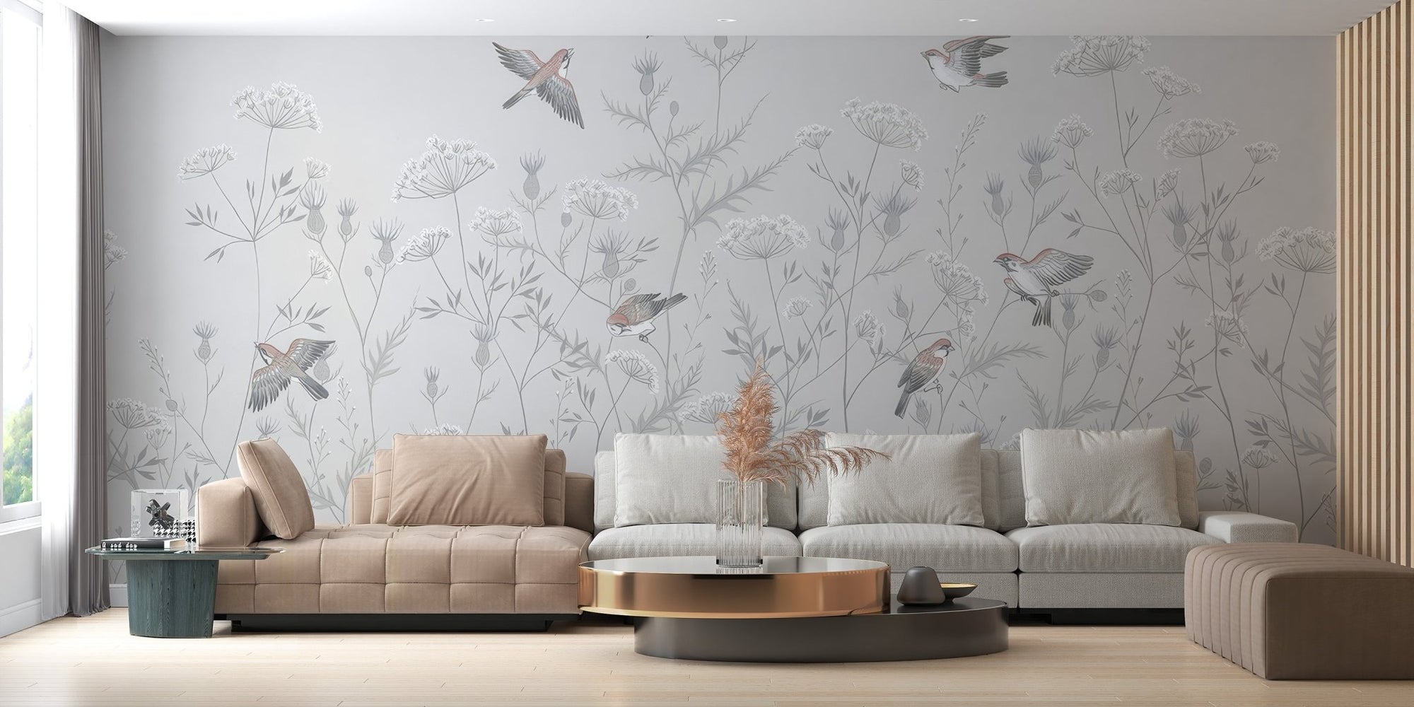 Whispering birds floral wallpaper mural soft grey botanical wall mural.