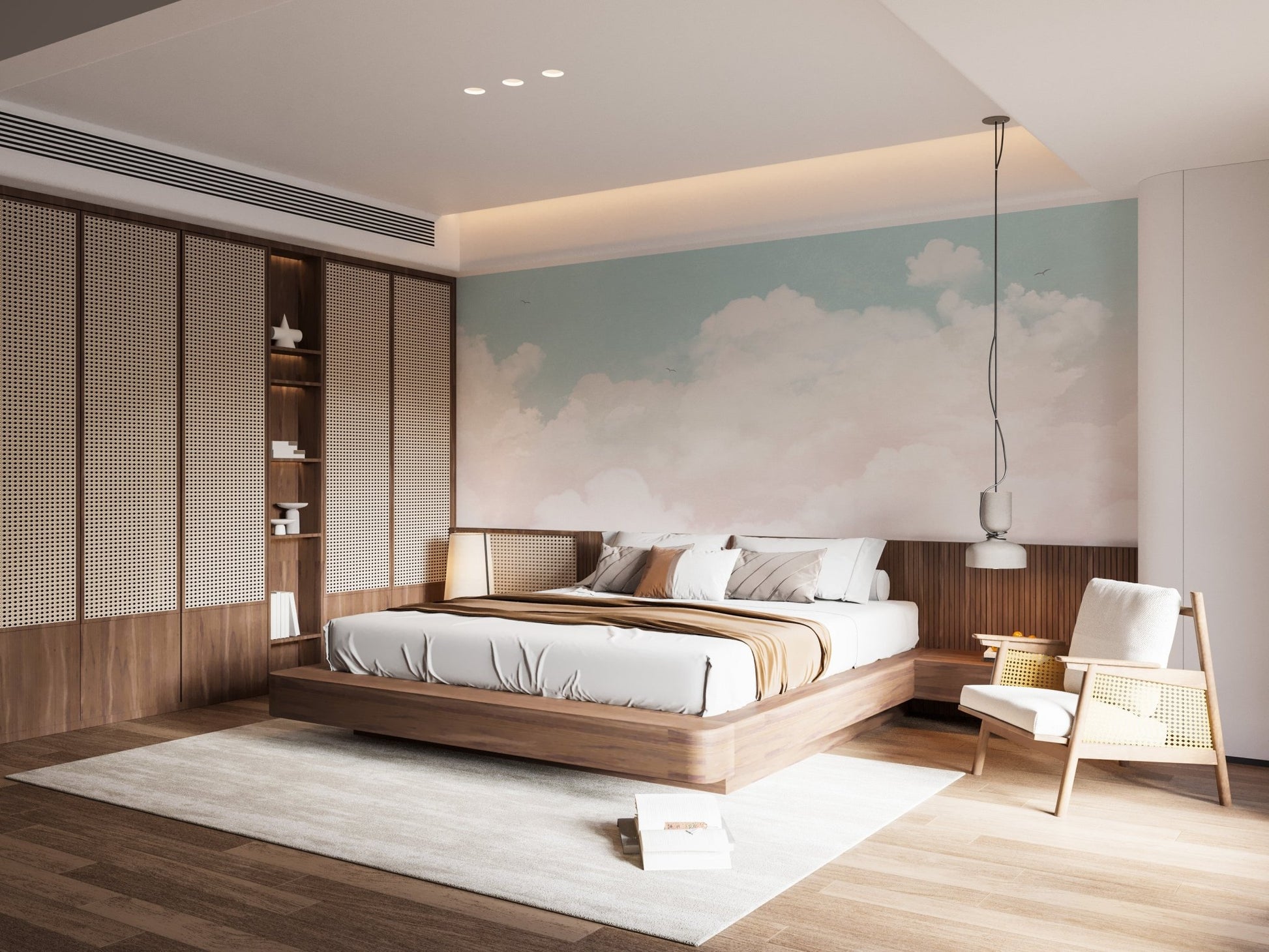 Calm floating clouds wall mural in modern pastel shades.