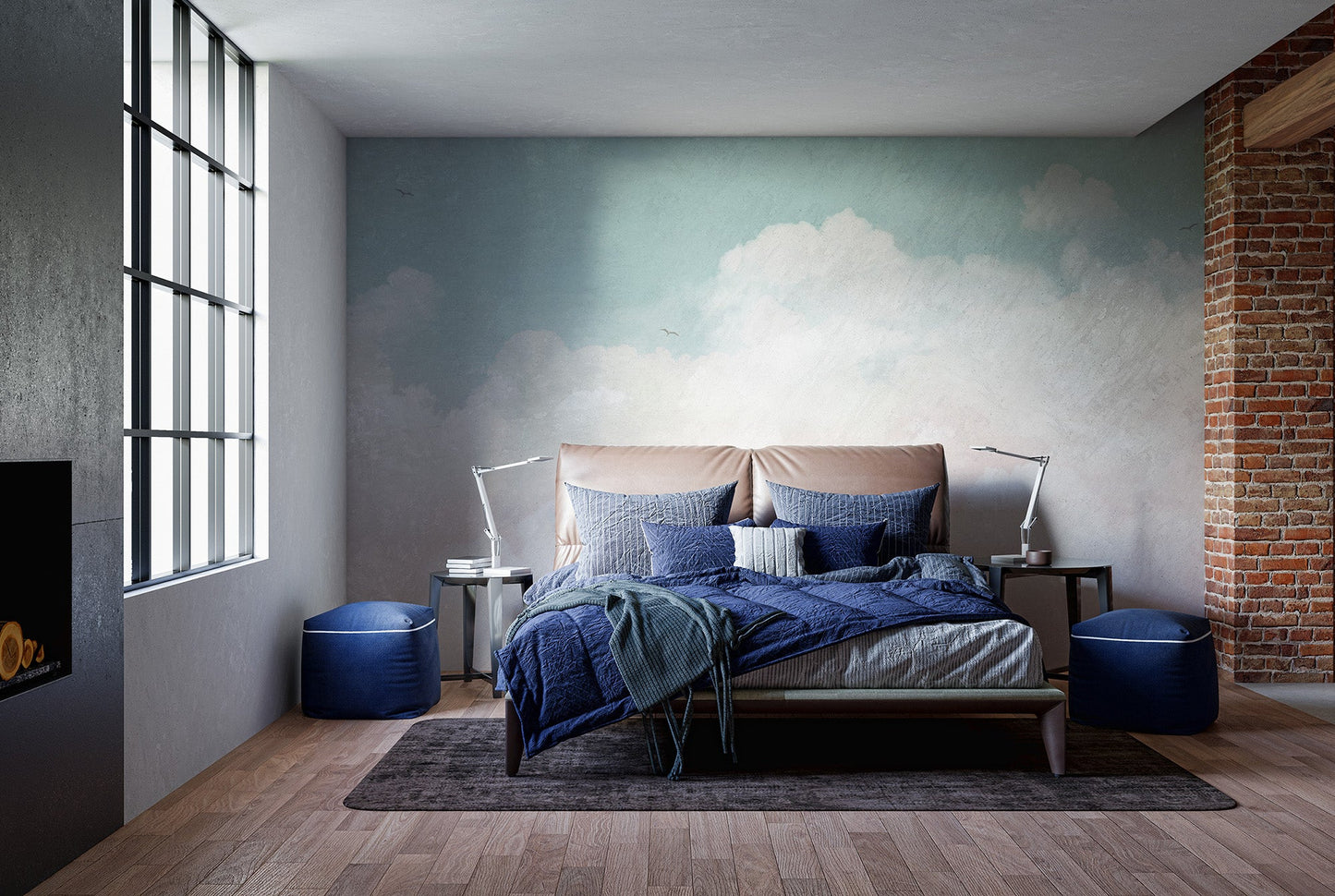 Serene cloud layers wallpaper mural in muted blush and teal.
