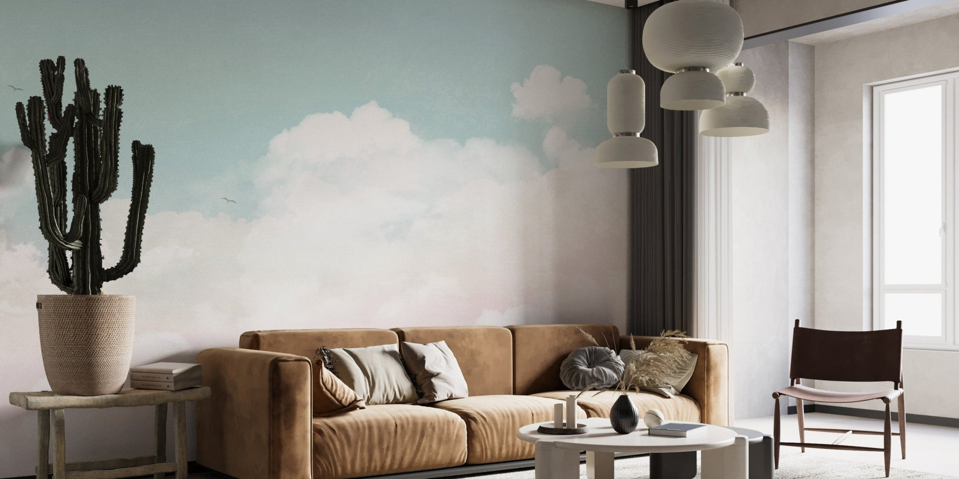 Whispering clouds dancer wall mural with airy sky design.