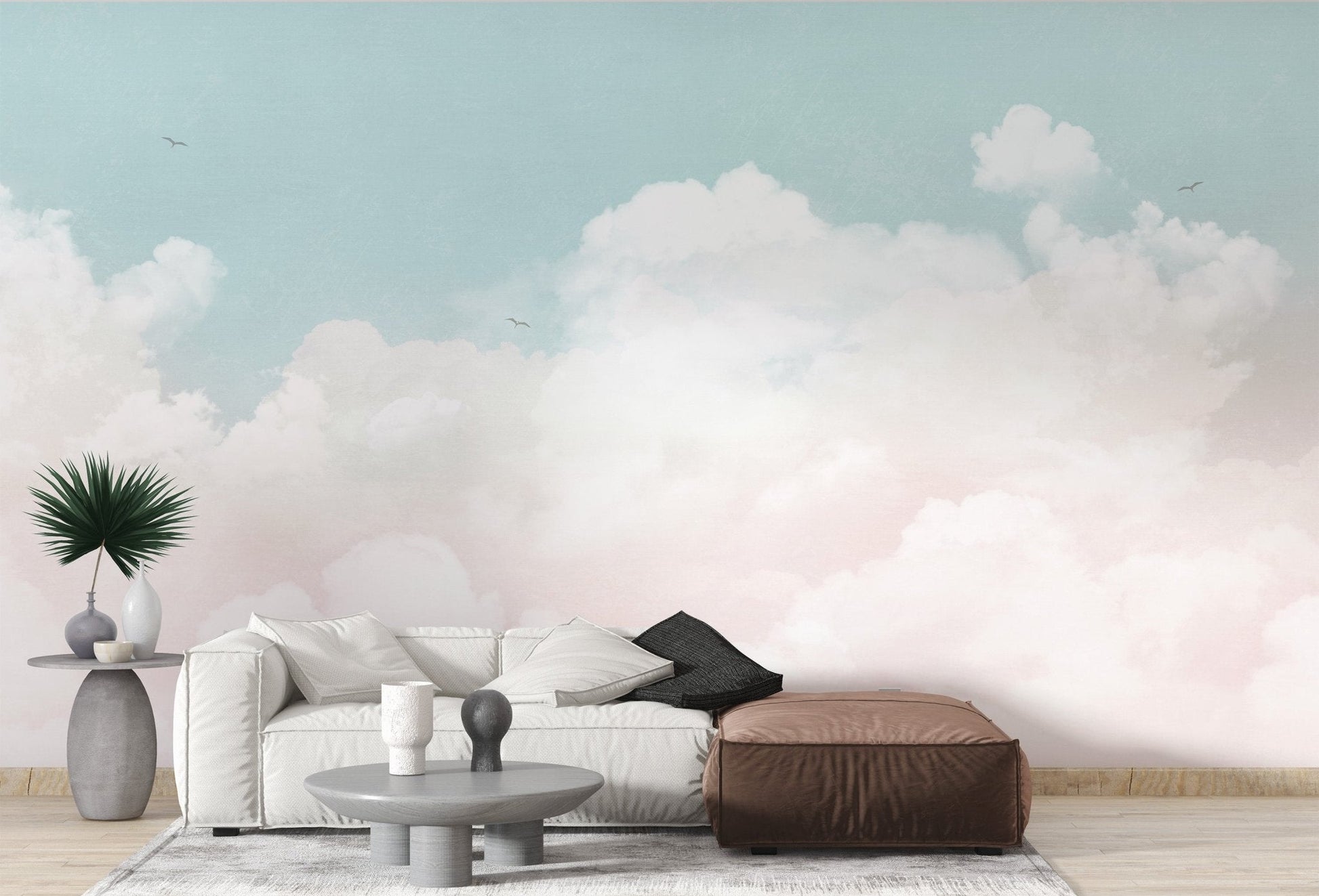 Soft horizon clouds wallpaper mural in light color palette.
