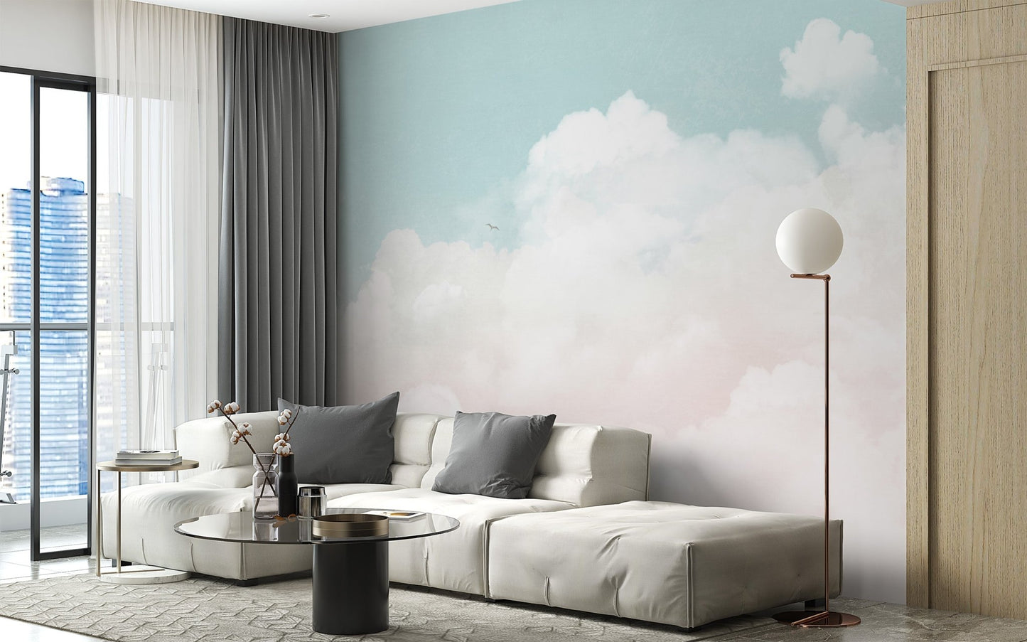 Dreamy sky wallpaper mural with white floating clouds.
