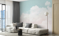 Dreamy sky wallpaper mural with white floating clouds.