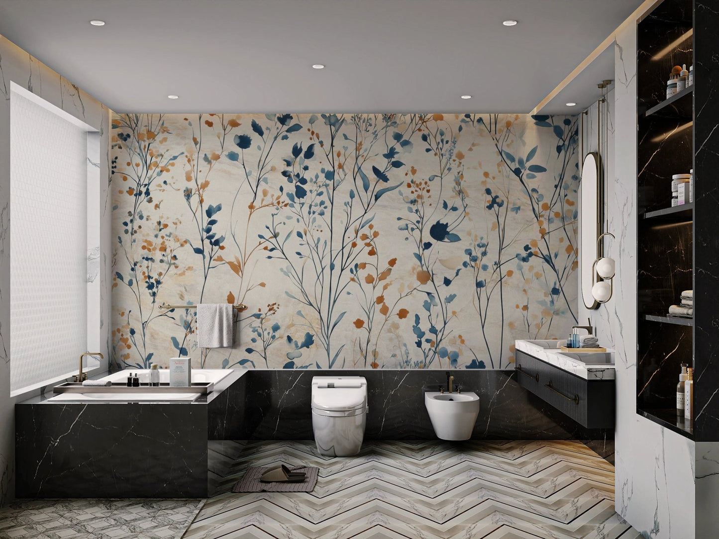 Modern bathroom featuring dark fixtures and blue botanical meadow wall mural.