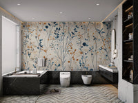 Modern bathroom featuring dark fixtures and blue botanical meadow wall mural.