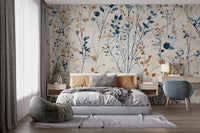 Bedroom interior with grey bedding and Whispering Meadow wall mural.