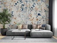 Modern living room with grey sectional sofa and Whispering Meadow wall mural.