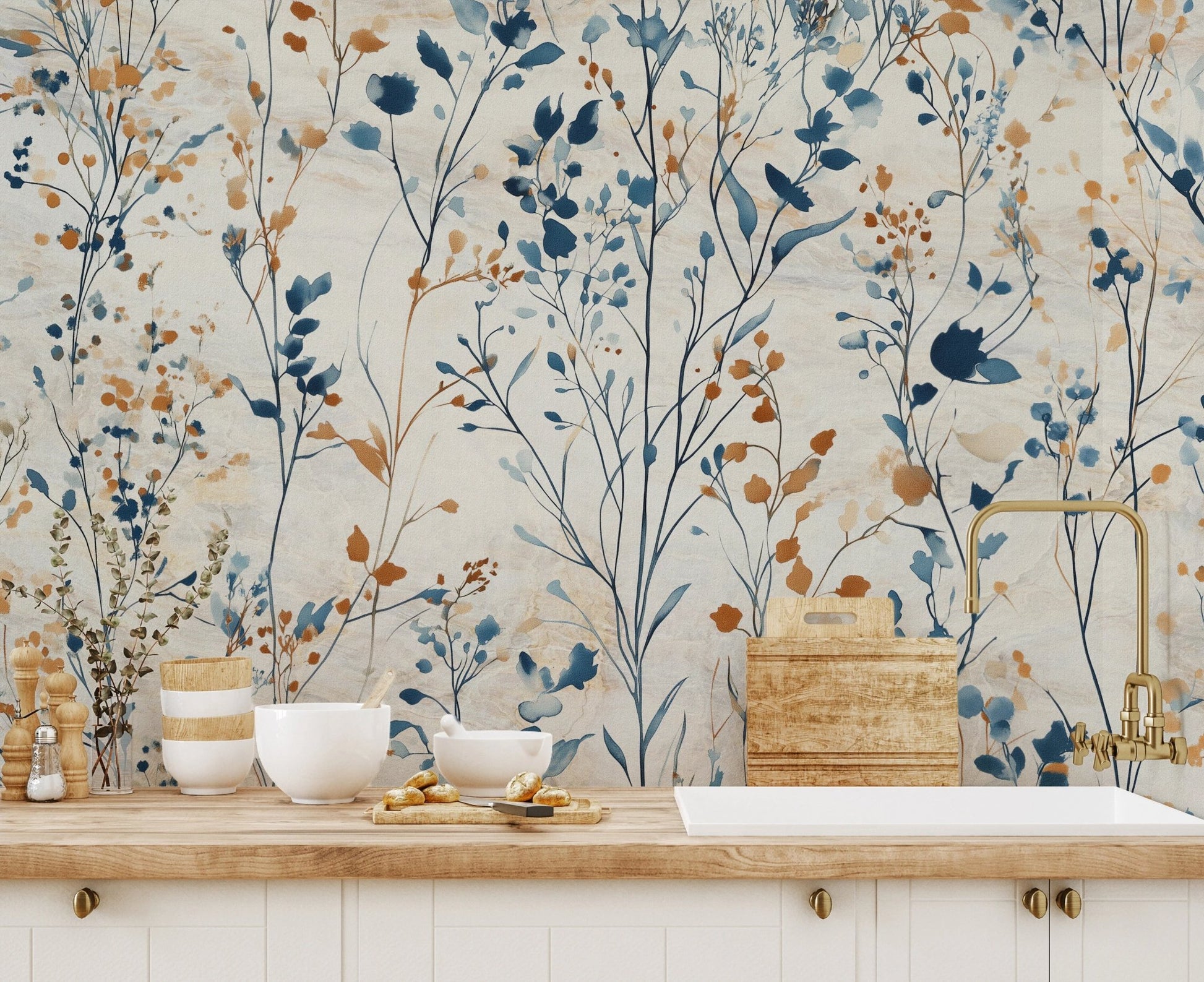Kitchen backsplash area featuring blue and orange floral meadow wall mural