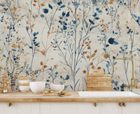Kitchen backsplash area featuring blue and orange floral meadow wall mural