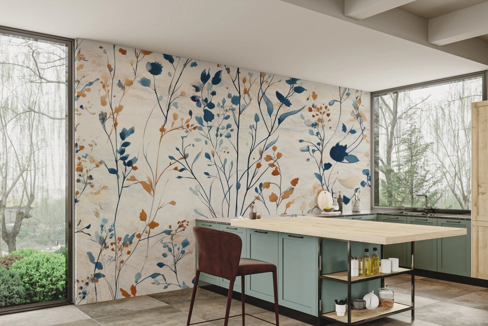 Open plan kitchen and dining area with blue meadow wall mural.
