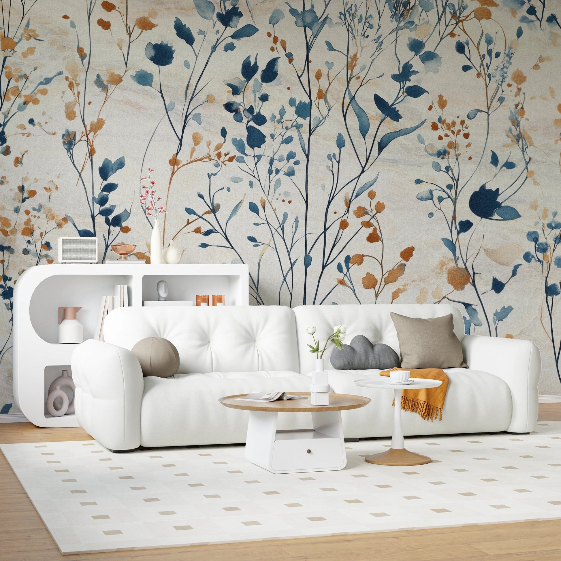 Bright living room with white sofa and Whispering Meadow wall mural.