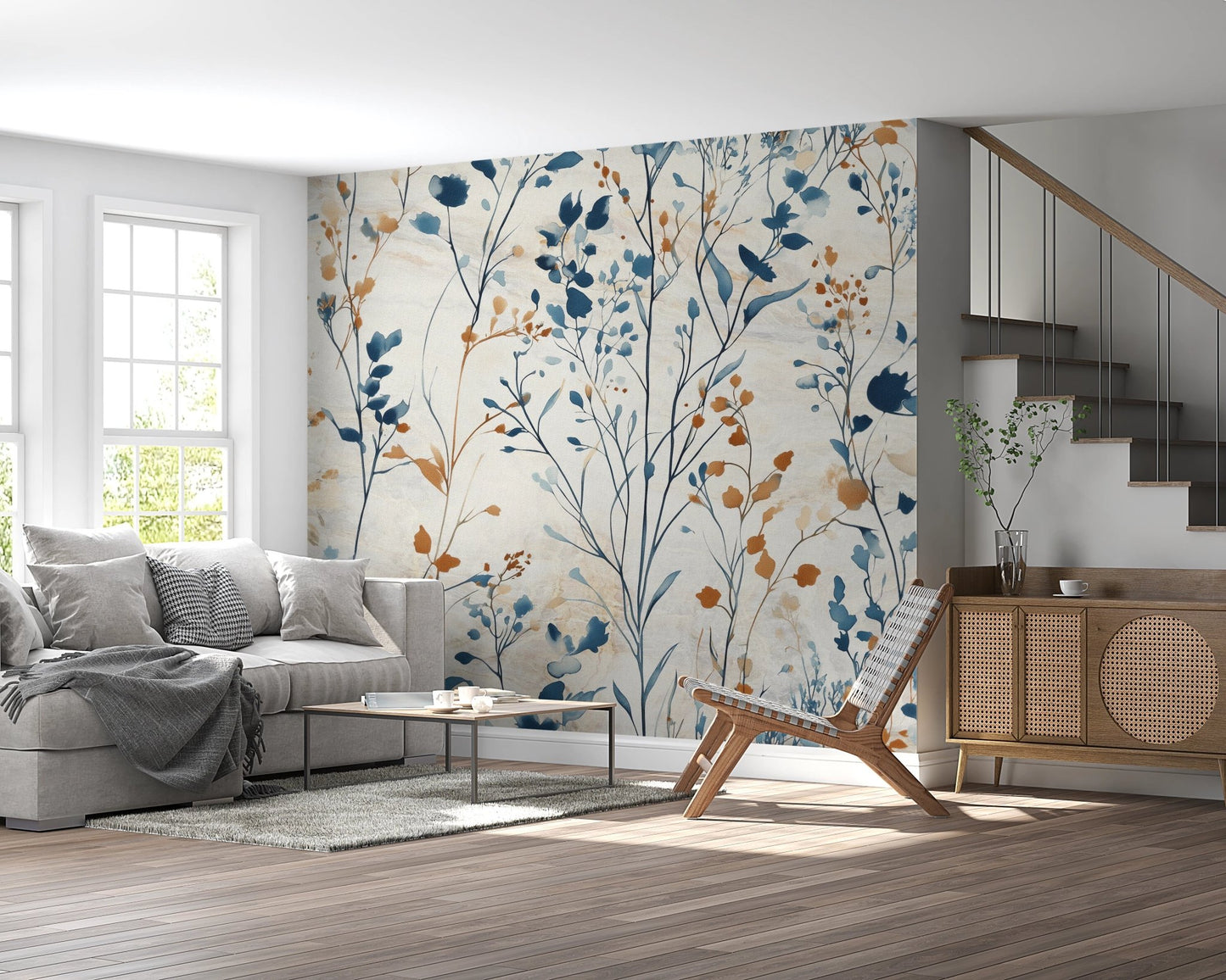 Contemporary living area with wooden stairs and minimalist meadow wall mural.