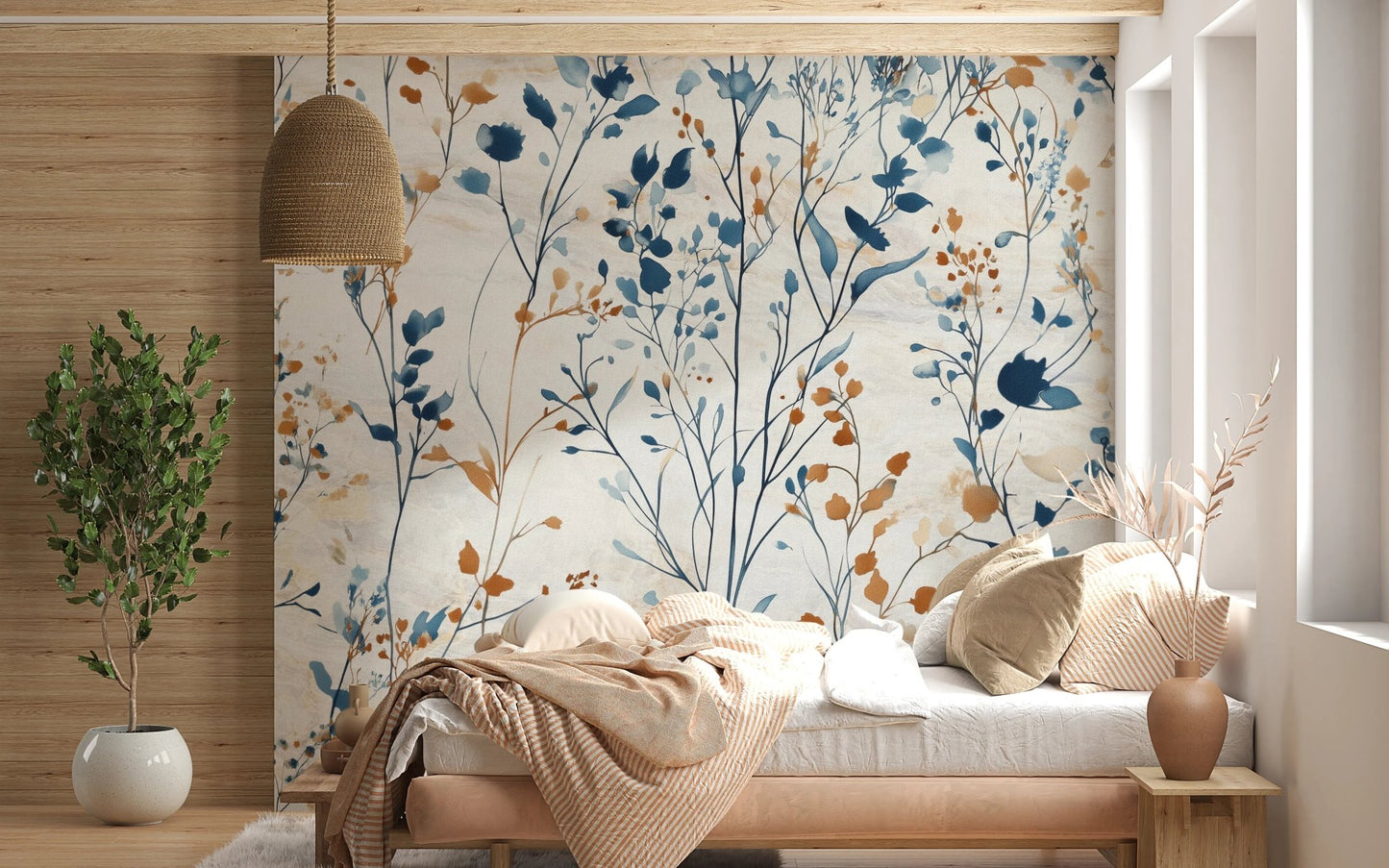 Cozy bedroom with beige linens and floral meadow pattern wall mural.