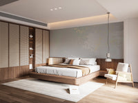 Pastel gray mural featuring artistic whispering mist patterns in master bedroom.
