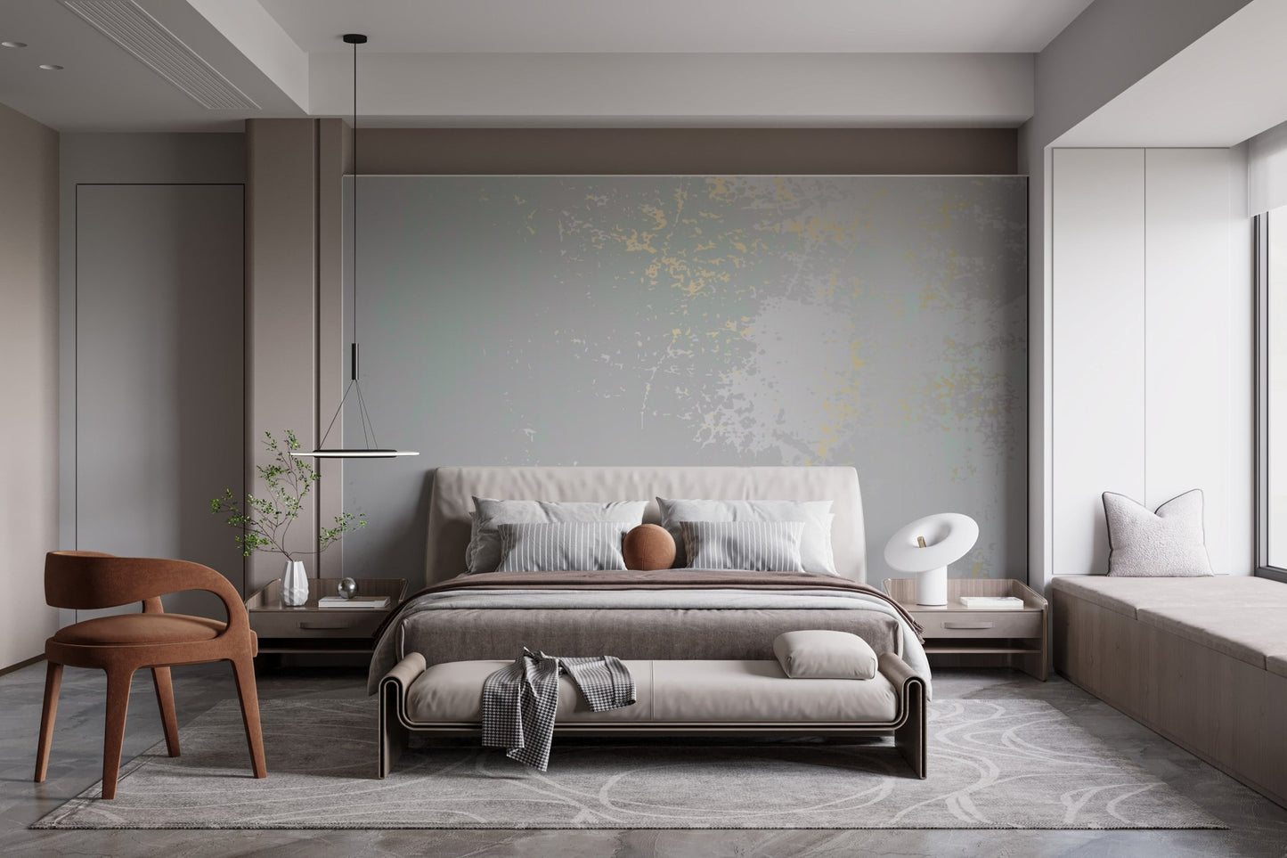 Whispering mist mural adding tranquility to modern bedroom interiors.
