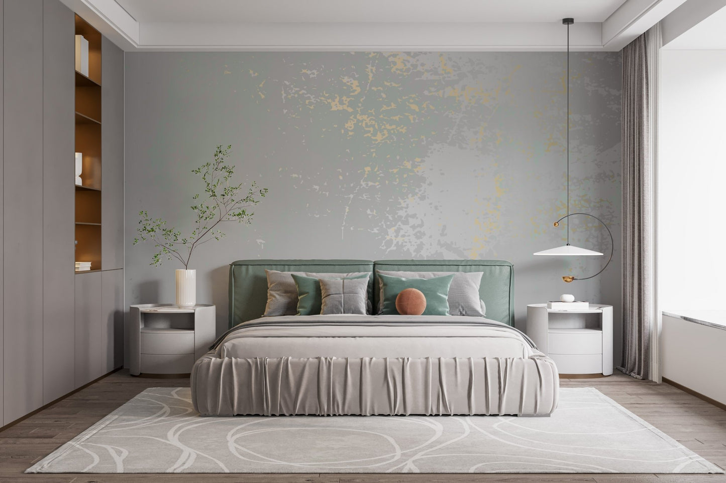 Elegant pastel gray mural with a subtle whispering mist design in bright bedroom.
