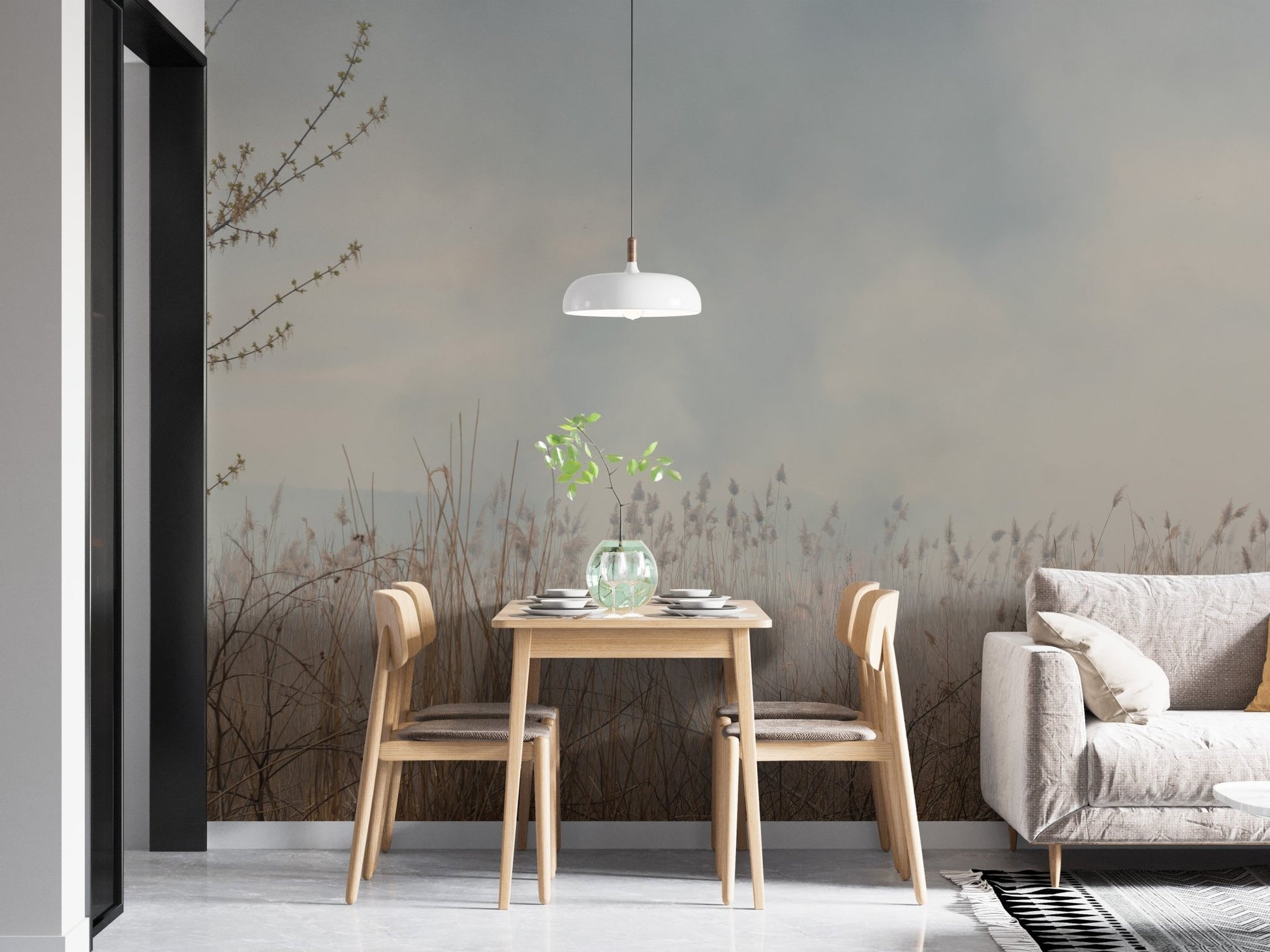 Minimalist dining area featuring Whispering Willow Reeds wall mural and wooden furniture.