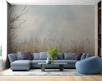 Large blue sectional sofa placed against a Whispering Willow Reeds wall mural.