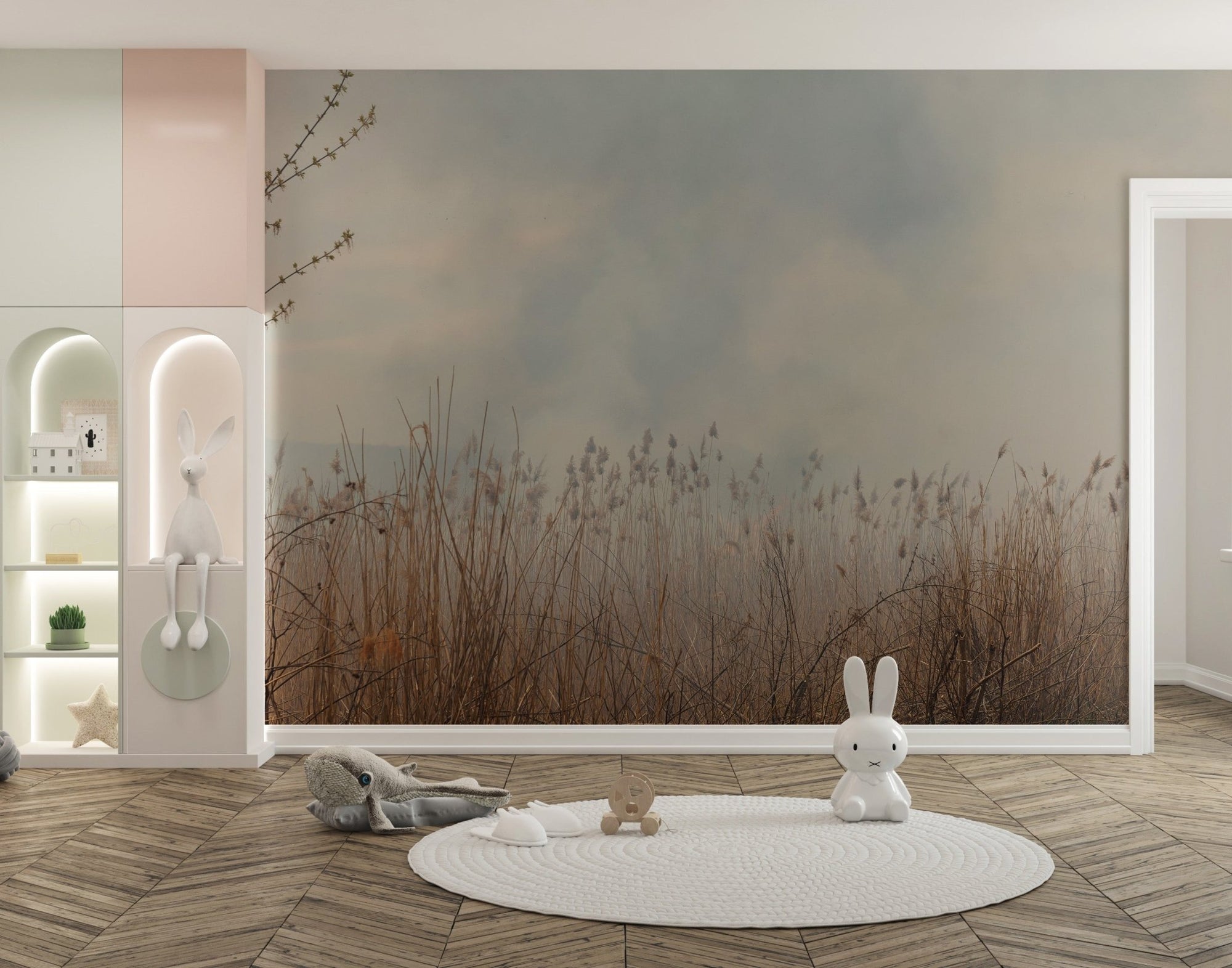 Whispering Willow Reeds wall mural in a nursery with a white rabbit and rug.
