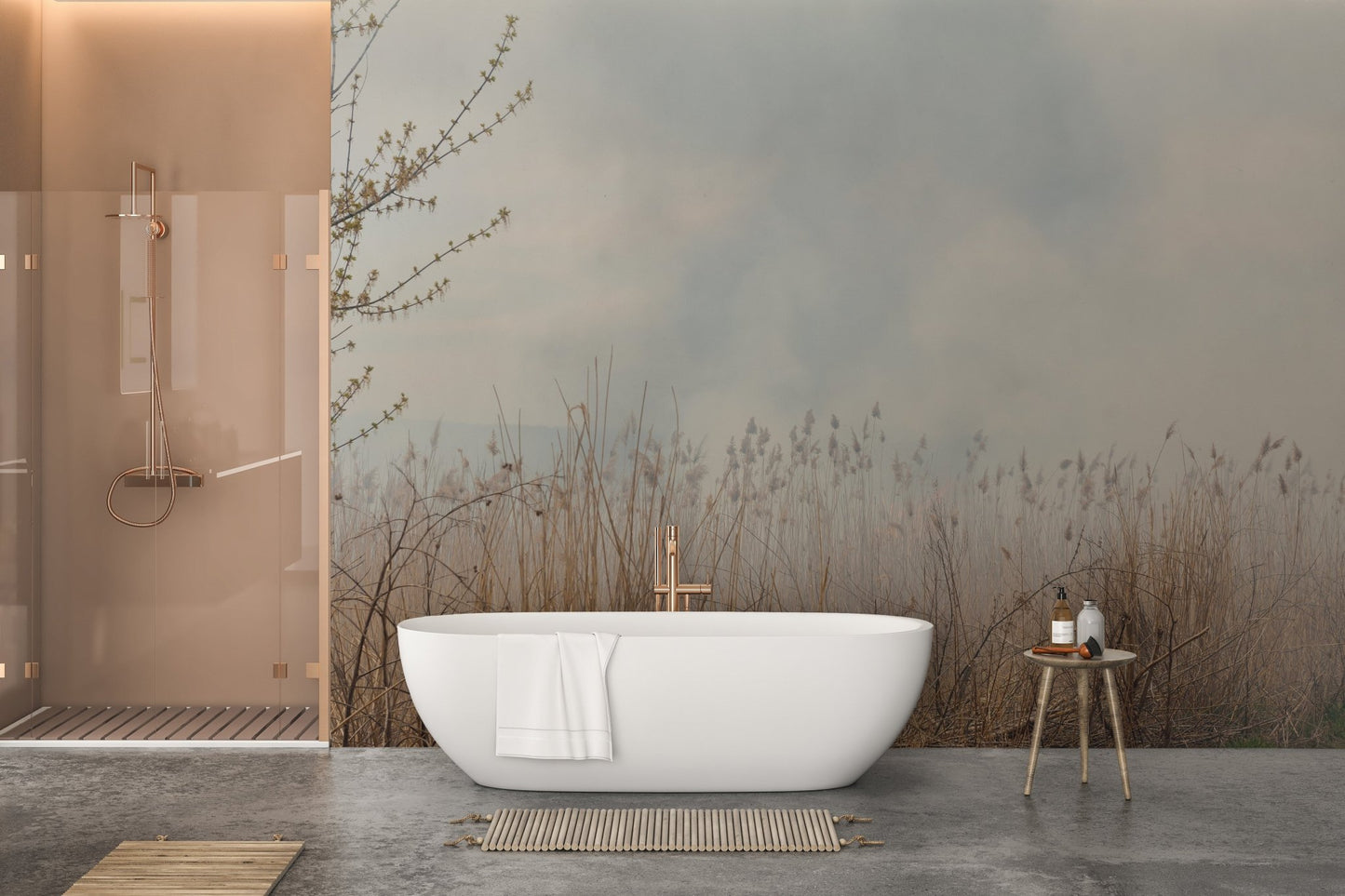 Modern bathroom with a white tub against a misty reed pattern wall mural.