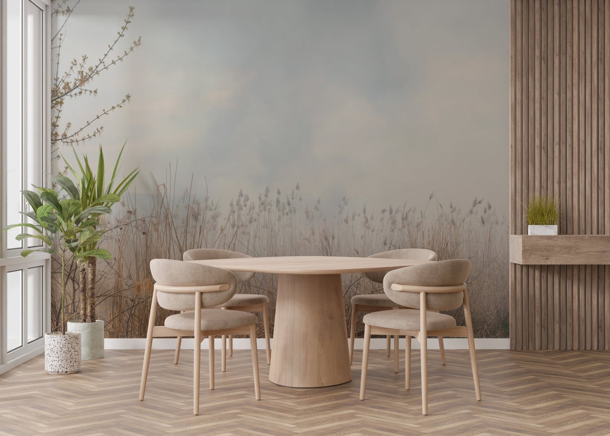 Whispering Willow Reeds wall mural in a dining room with a round wooden table.