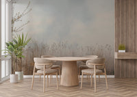 Whispering Willow Reeds wall mural in a dining room with a round wooden table.