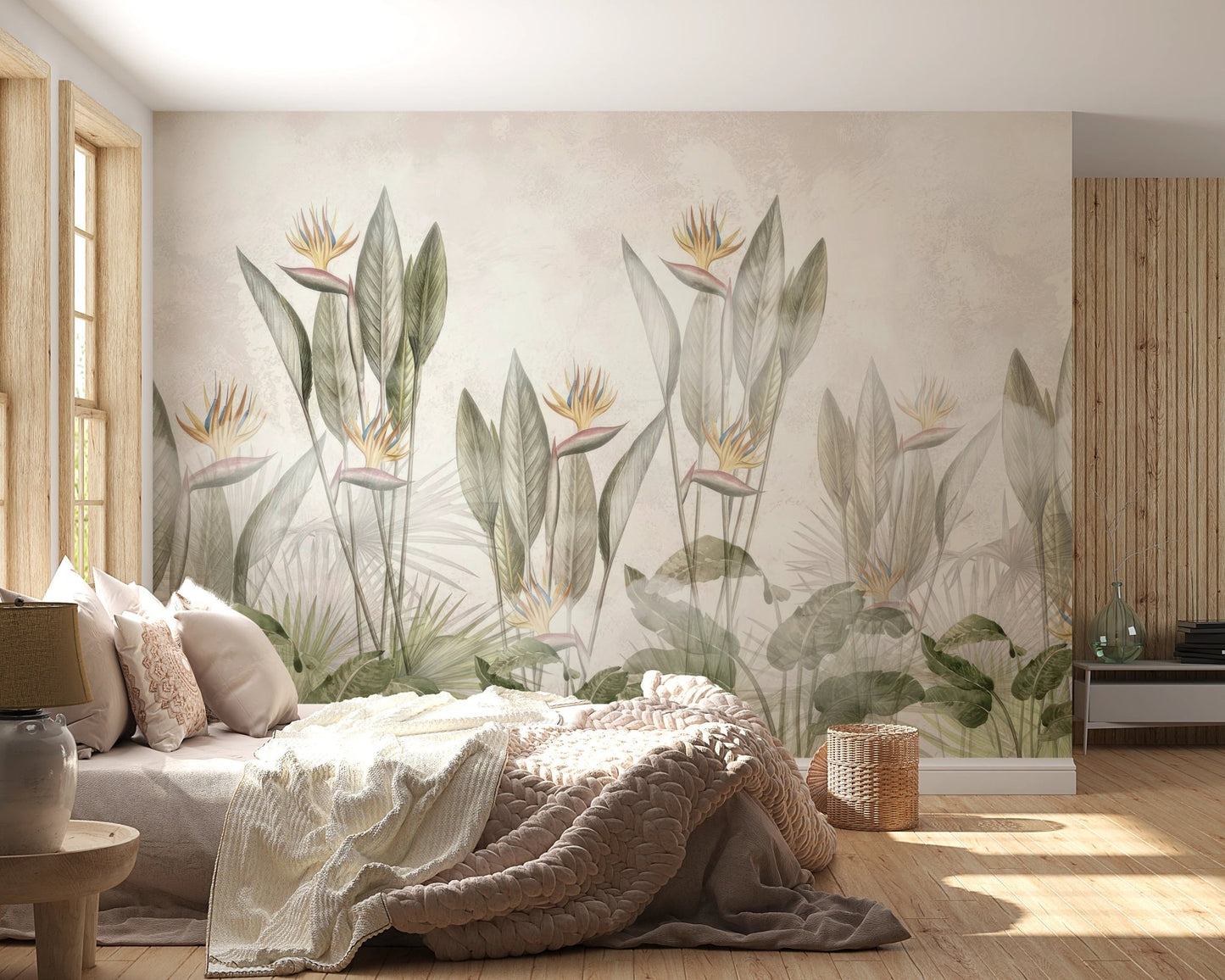 Bedroom featuring a large bird of paradise wall mural behind the bed.