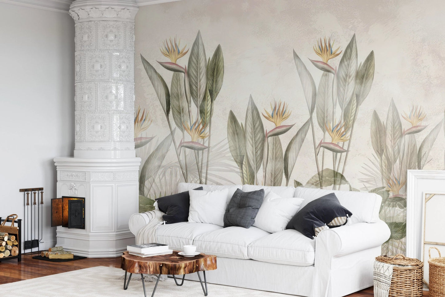 White sofa in a bright room with Whispers of Paradise Wall Mural.