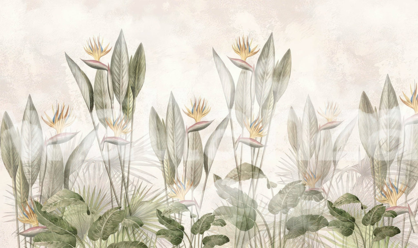 Wide view of bird of paradise floral wall mural for interior walls.